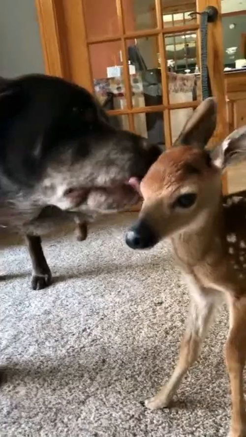 狗子第一次见小鹿,就把小鹿当成了自己儿子,这认亲速度太快了 