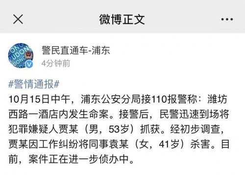 上海浦东一酒店发生命案,男子因工作纠纷将女同事杀害