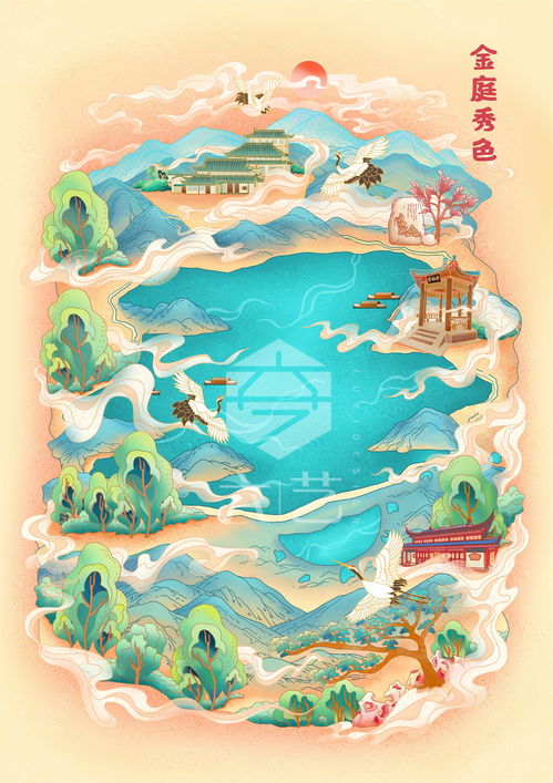 天台山景区大瀑布手绘地图导览图及古风场景插画设计