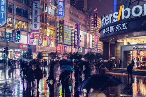 上海南京路步行街雨天夜景高清摄影大图 千库网 