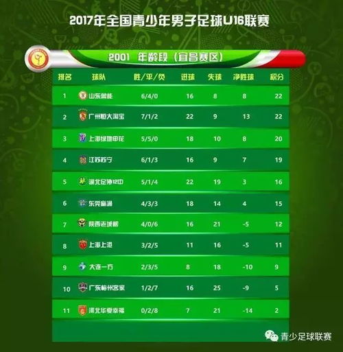 斌动数据 2017赛季中国足球协会青少年足球联赛U16组总决赛积分榜