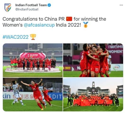 东道主印度足协道贺 祝贺中国赢得2022女足亚洲杯冠军
